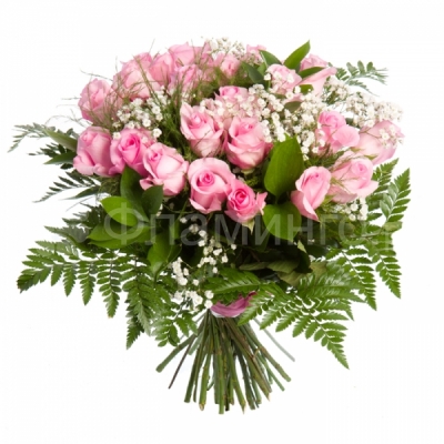 Нежность Розовые розы, гипсофила и зелень, собранные в этом воздушном букете – само олицетворение нежности. Лучший букет цветов в розовых тонах 